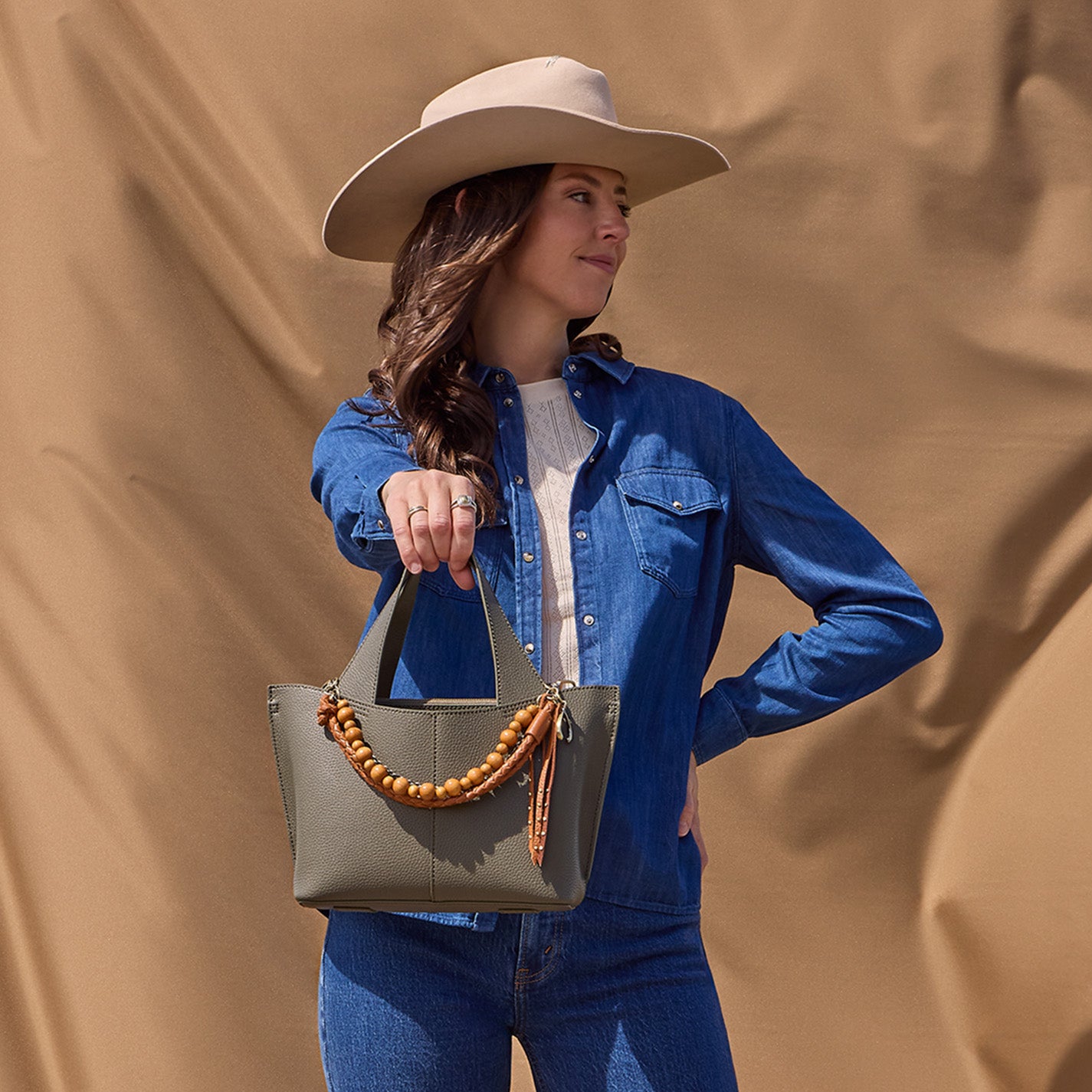 Wood Bead Bag Swag in Pebbled Leather - Warm Honey - Image 2