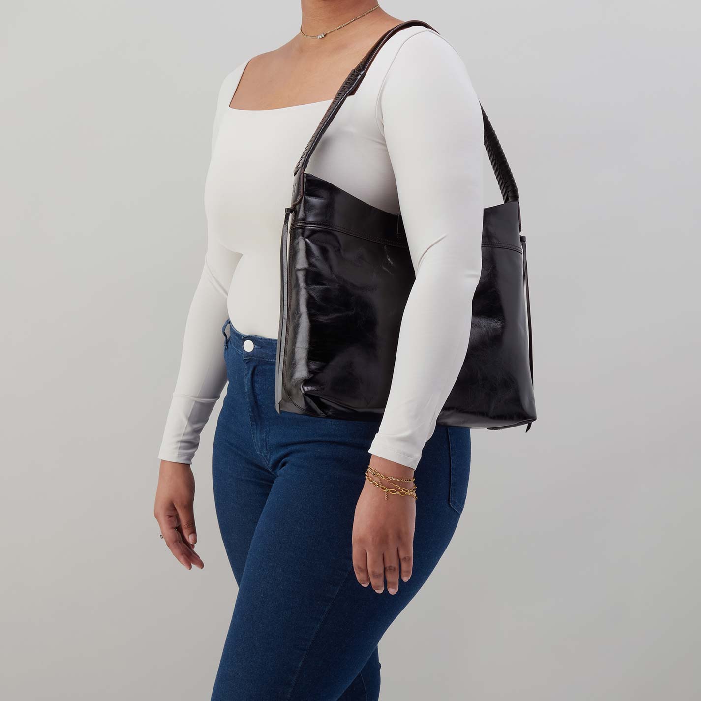 Romy Hobo in Polished Leather - Black - Image 2